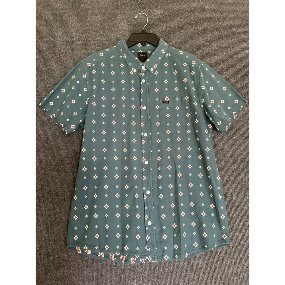 RVCA That'll Do Dobby Mens L Shirt Short Sleeve Button Geometric Diamond Blue